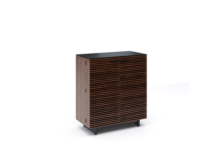 The Corridor 5620 modern bar from BDI in chocolate walnut finish with elegant louvered doors, glassware storage, stemware rack, storage drawer, adjustable shelf and satin-etched glass