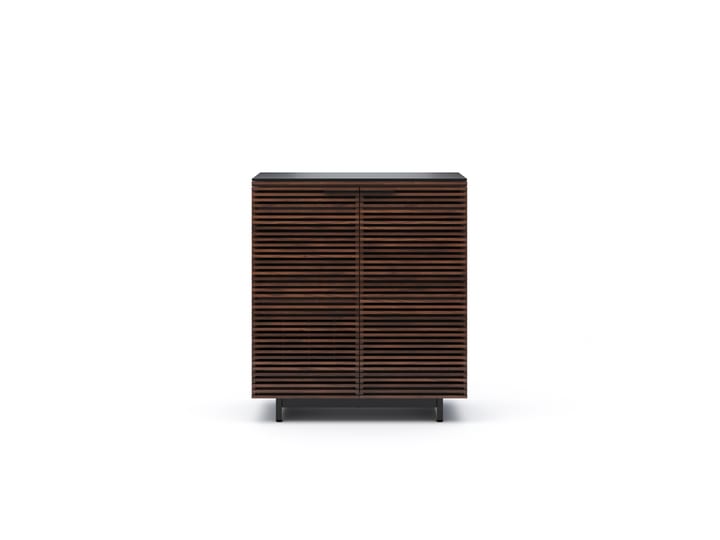 The Corridor 5620 bar from BDI in chocolate walnut finish featuring elegant louvered doors, bottle and glassware storage, storage drawer, stemware rack and satin-etched glass top