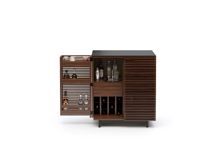 The Corridor 5620 modern bar in chocolate walnut finish from BDI with elegant louvered hardwood doors, storage drawer, bottle storage, glassware storage, satin-etched glass top and adjustable shelf
