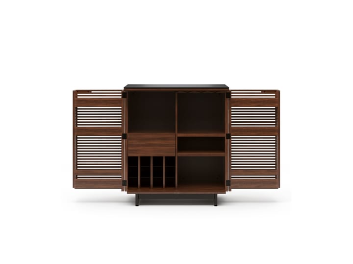 The Corridor 5620 modern bar from BDI in chocolate walnut featuring louvered hardwood doors, bottle storage, stemware rack, storage drawer and satin-etched tempered glass top