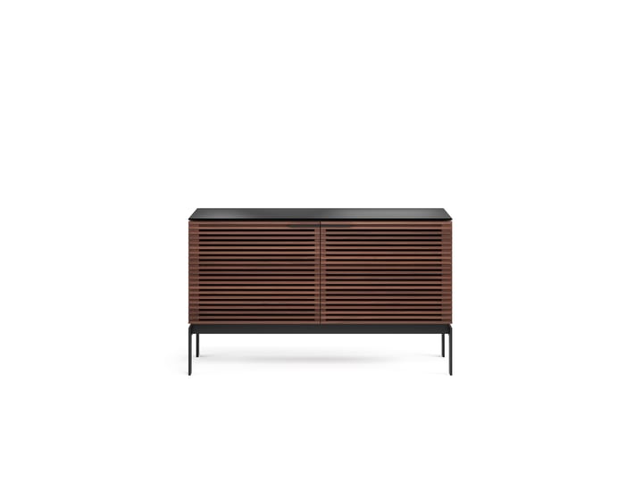 The Corridor SV 7128 modern TV stand in chocolate walnut from BDI includes soundbar shelf, cable management, louvered hardwood doors and adjustable levelers