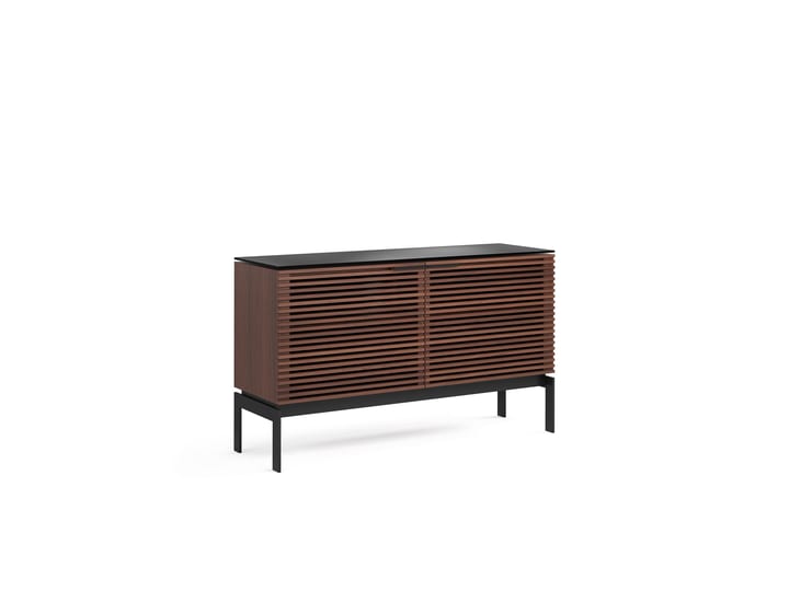 The Corridor SV 7128 compact media cabinet in chocolate walnut finish from BDI with louvered hardwood doors, soundbar shelf, satin-etched glass top and cable management