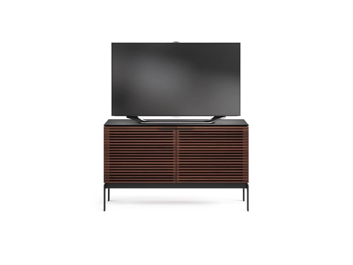 Corridor SV 7128 modern compact TV stand from BDI in chocolate walnut featuring soundbar shelf, louvered hardwood doors, cable management system and adjustable levelers