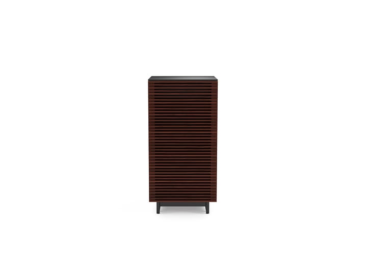 The Corridor 8172 modern audio tower by BDI in chocolate walnut finish featuring louvered wooden door, satin-etched glass top, adjustable levelers and hidden wheels