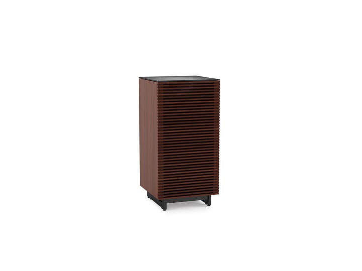 The Corridor 8172 audio tower in chocolate walnut finish with louvered wooden doors, adjustable shelves and satin-etched glass top from BDI furniture