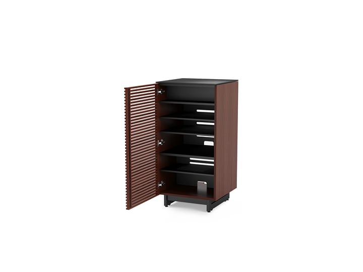 The Corridor audio tower 8172 by BDI in chocolate walnut finish with louvered wooden door, adjustable shelving, media storage and cable management system