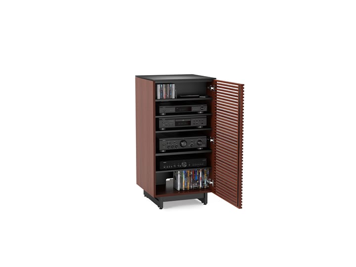 The Corridor 8172 audio tower from BDI in chocolate walnut with adjustable shelves, louvered wooden door, LP storage, cable management system and hidden wheels