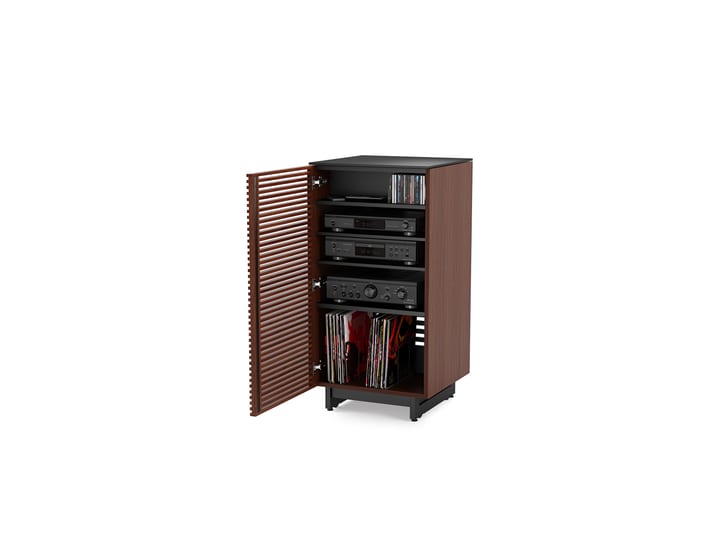 The Corridor 8172 modern audio tower in chocolate walnut by BDI featuring louvered wooden doors, power management, adjustable shelves, and LP storage