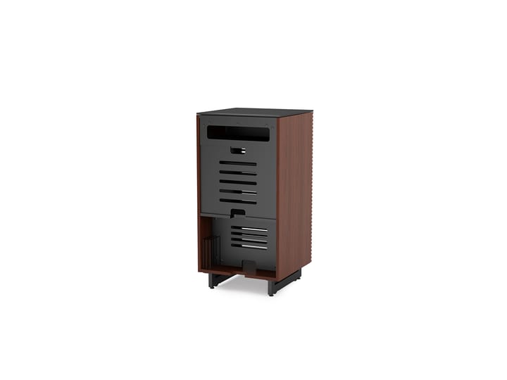 The Corridor 8172 audio tower in chocolate walnut from BDI featuring flow-throw ventilation, removable back panel, power management, and cable management
