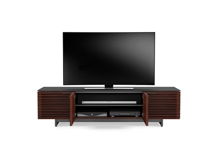 Corridor 8173 home theater console from BDI in chocolate walnut with louvered hardwood doors adjustable shelving and soundbar shelf