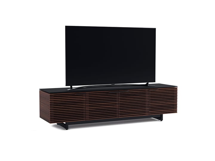 The Corridor 8173 entertainment center in chocolate walnut finish from BDI featuring louvered hardwood doors soundbar shelf cable management and satin-etched glass