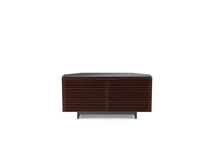 The Corridor 8175 corner TV stand in chocolate walnut finish from BDI with louvered hardwood doors adjustable shelving soundbar shelf cable management.