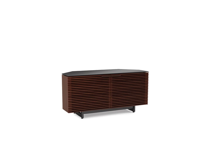 The Corridor 8175 modern TV stand in chocolate walnut from BDI unique corner TV cabinet with satin-etched glass top and louvered hardwood doors