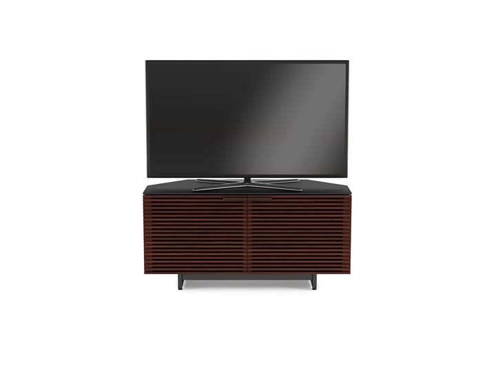 Corridor 8175 contemporary TV stand from BDI in chocolate walnut featuring soft-close louvered hardwood doors and satin-etched glass top