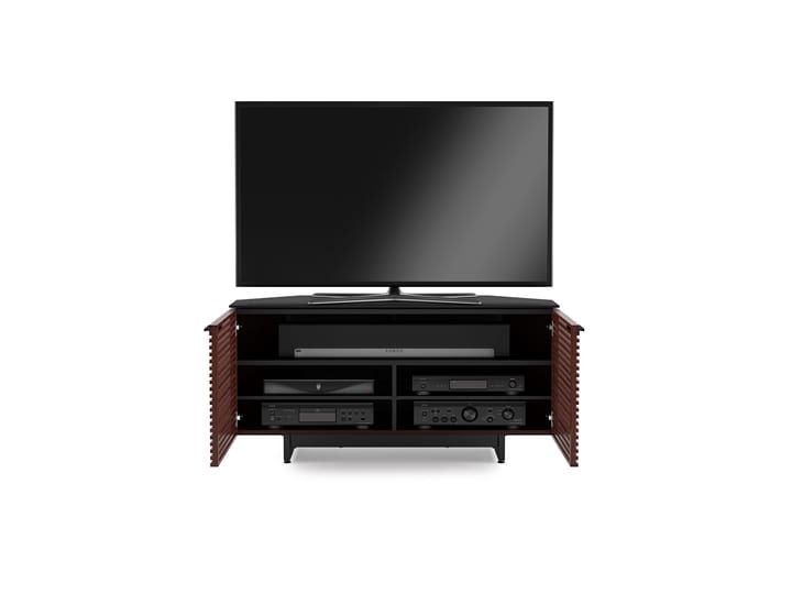 The Corridor 8175 corner modern TV Stand from BDI in chocolate walnut with adjustable shelving soundbar shelf louvered hardwood doors and satin-etched glass