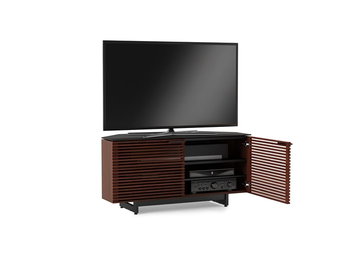 Corridor 8175 modern media console from BDI in chocolate walnut unique corner TV stand with louvered doors adjustable shelving