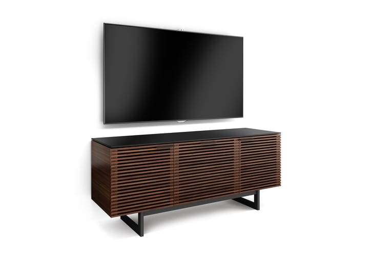 The Corridor 8177 modern home theater cabinet in chocolate walnut stain from BDI featuring unique soundbar shelf storage drawer louvered hardwood doors and cable management