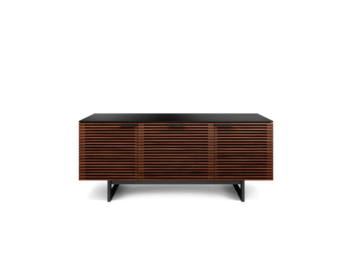 The Corridor 8177 modern entertainment center from BDI in chocolate walnut stain with louvered hardwood doors adjustable shelves soundbar shelf and hidden wheels