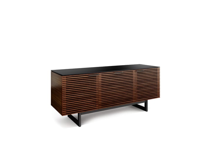 The Corridor 8177 contemporary home theater cabinet from BDI featuring adjustable shelves soundbar shelf flow-through ventilation louvered hardwood doors in chocolate walnut finish