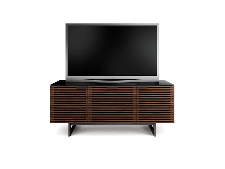 The Corridor 8177 TV cabinet from BDI in chocolate walnut with soundbar shelf louvered hardwood doors hidden wheels and satin-etched glass top