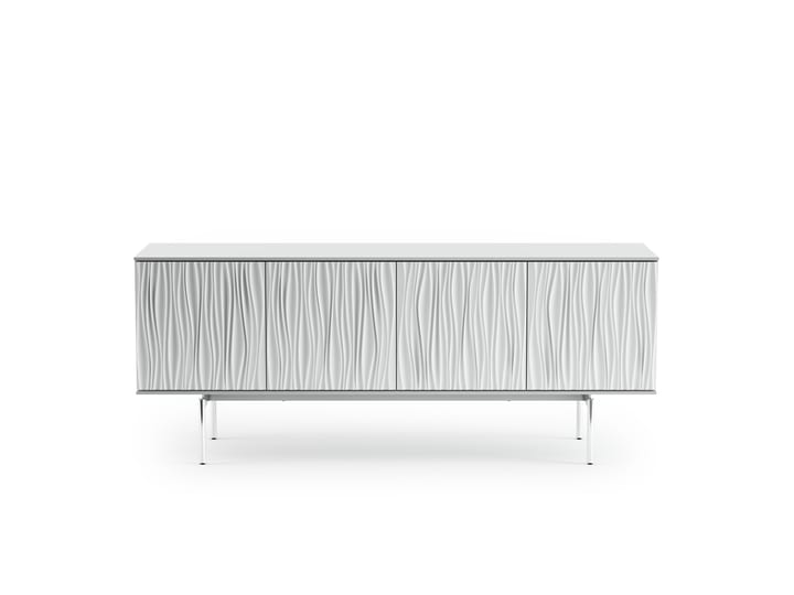 The Tanami 7109 media credenza from BDI in satin white finish featuring elegant sculpted doors, adjustable shelving, wire management system and adjustable levelers