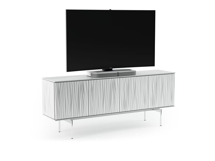 The Tanami 7109 modern TV stand and storage credenza in smooth satin white finish from BDI featuring elegant sculpted doors, adjustable shelves, cable management, adjustable levelers and TV safety strap