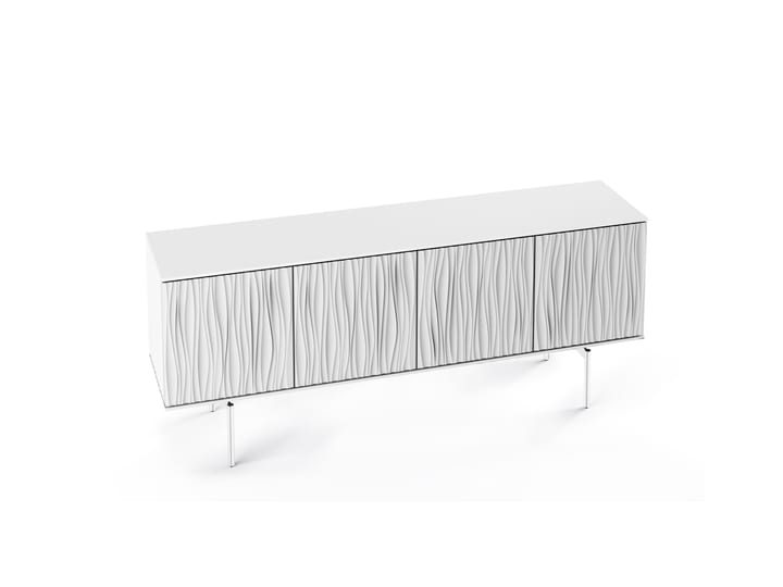 The Tanami 7109 elegant media center from BDI in smooth satin white finish featuring unique sculpted doors, adjustable shelving, wire management system, adjustable levelers and flow-through ventilation