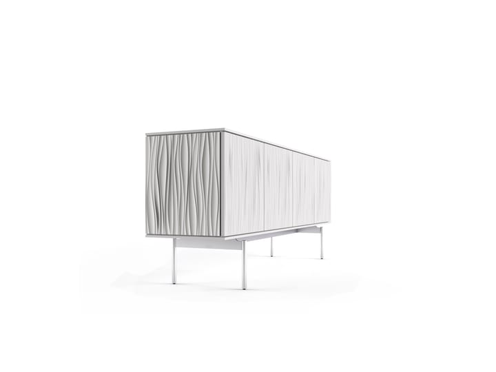 The Tanami 7109 elegant media credenza in satin white from BDI featuring unique sculpted doors, adjustable shelves, cable management system, flow-through ventilation and adjustable levelers