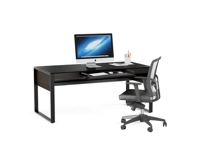 The Corridor 6521 modern office desk in chocolate walnut by BDI featuring satin-etched tempered glass, steel base, hardwood veneer, two side storage drawers, keyboard drawer and cable management
