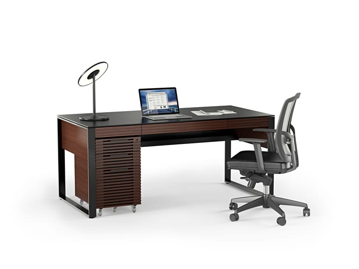 The Corridor 6521 modern desk by BDI in chocolate walnut finish featuring two side storage drawers, keyboard drawer, satin-etched glass top and wire management channels