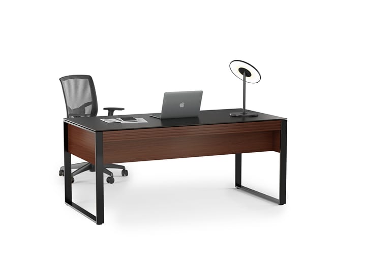 The Corridor 6521 modern office desk in chocolate walnut finish featuring satin-etched glass top, two side storage drawers, hardwood veneer, wire management channels and keyboard drawer
