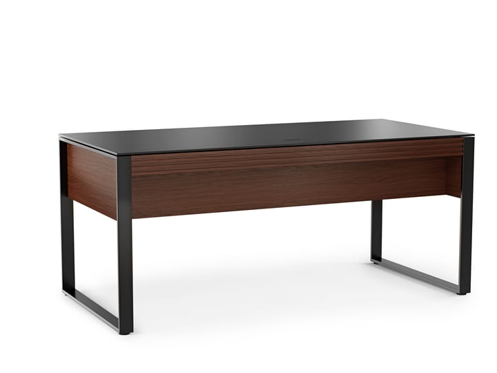 The Corridor 6521 elegant modern office desk by BDI in chocolate walnut featuring satin-etched glass top, two side storage drawers, hardwood veneer, steel base and keyboard drawer