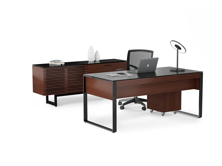 Corridor 6529 contemporary office credenza by BDI in chocolate walnut finish featuring louvered doors, adjustable shelves, storage drawer, file storage, part of the Corridor modern office collection