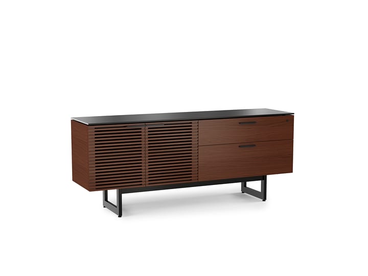 The Corridor 6529 modern credenza from BDI in chocolate walnut finish featuring elegant louvered doors, adjustable shelves, storage drawers and satin-etched tempered glass top