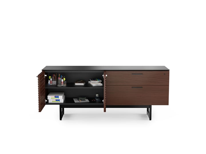 The Corridor 6529 sleek office credenza from BDI in chocolate walnut finish featuring adjustable shelves, louvered wood doors, storage drawer. steel base and satin-etched glass top