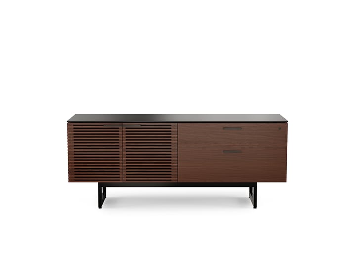 The Corridor 6529 modern office credenza in chocolate walnut finish from BDI featuring adjustable shelves, storage drawers, sturdy steel base and satin-etched glass top