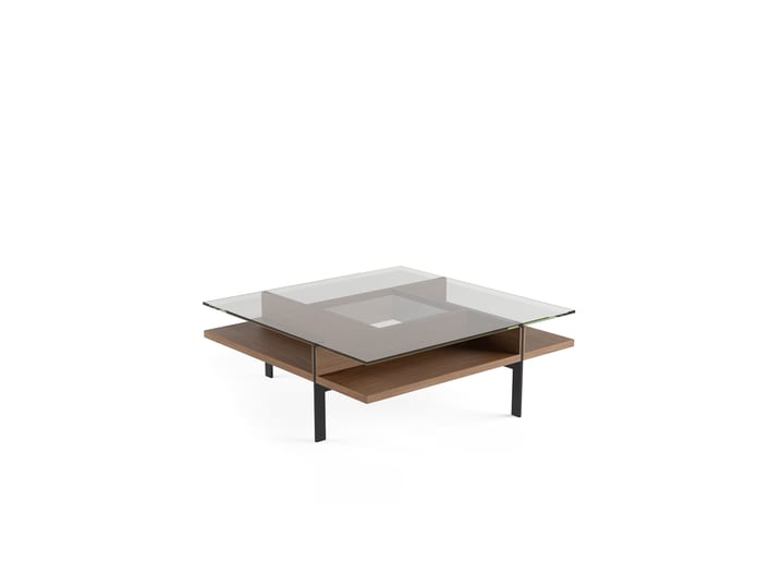 The Terrace 1150 modern square coffee table from BDI in walnut finish featuring polished tempered glass, hardwood veneer, steel base and open display storage