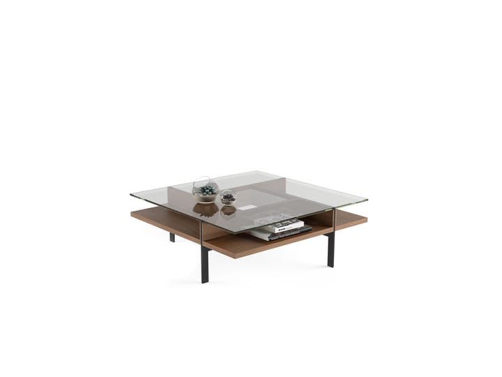 The Terrace 1150 modern coffee table from BDI in walnut with open display storage, tempered glass top, hardwood veneer and sturdy steel base