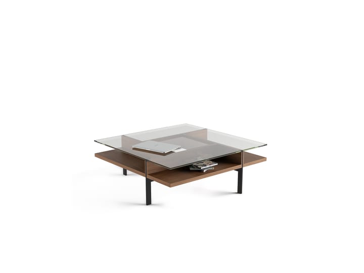 The Terrace 1150 square coffee table in walnut by BDI featuring elegant polished tempered glass top, hardwood veneer, open storage and sturdy steel legs