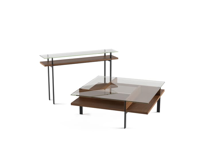The Terrace 1150 and 1153 modern table collection from BDI featuring polished tempered glass, hardwood veneer, open display storage and steel legs