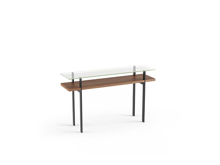 The Terrace 1153 modern console table from BDI with floating glass top, lower display shelf in walnut finish and sturdy steel legs