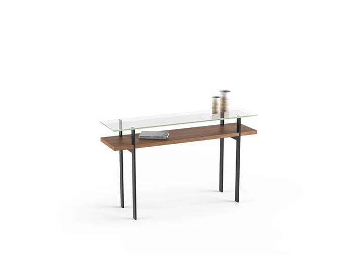The Terrace 1153 elegant console table by BDI with floating tempered glass, lower shelf in walnut finish and sturdy steel base