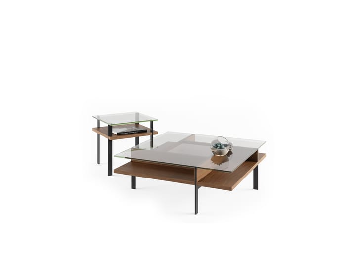 The Terrace 1152 and 1156 modern table collection from BDI furniture elegant polished tempered glass and hardwood veneer in walnut finish