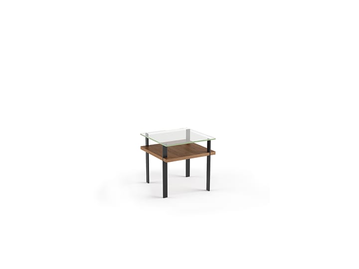 The Terrace 1156 modern end table by BDI featuring beautiful tempered glass top and lower storage shelf in walnut finish
