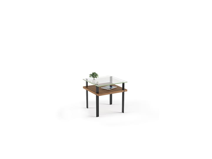 The Terrace 1156 modern end table by BDI with elegant tempered glass top and lower level hardwood shelf in walnut finish