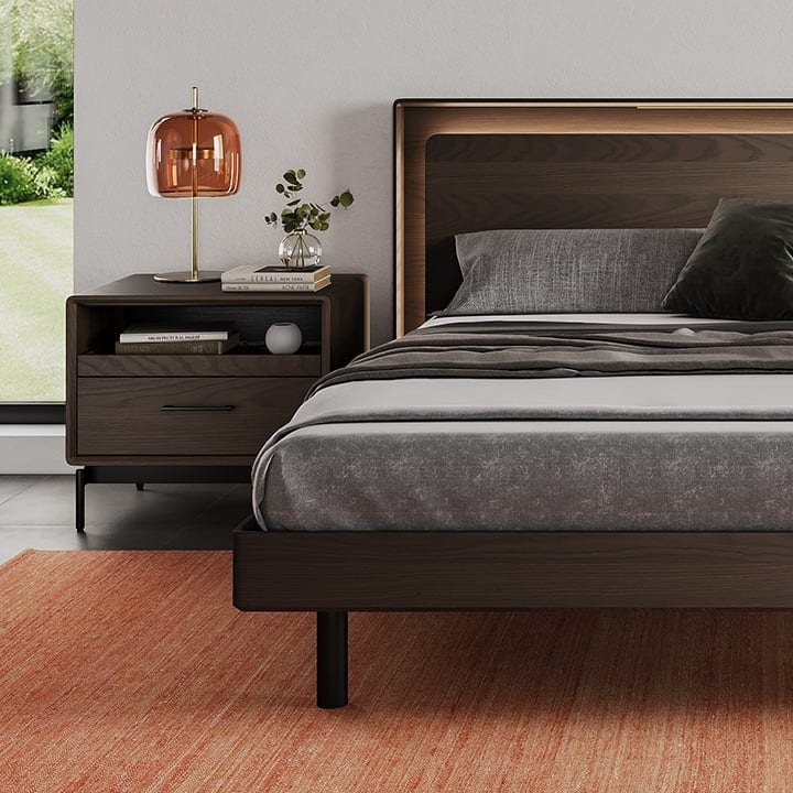 Up linq bedroom furniture BDI modern toasted oak platform bed with lighting curve appeal design story