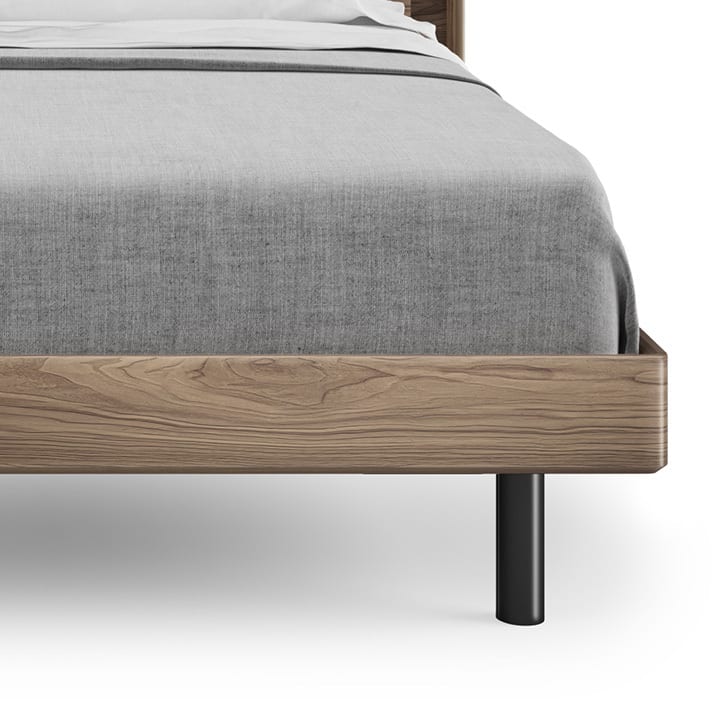 Close up image of the rounded and contoured edges of the Cross-LINQ modern bed frame by BDI Furniture.