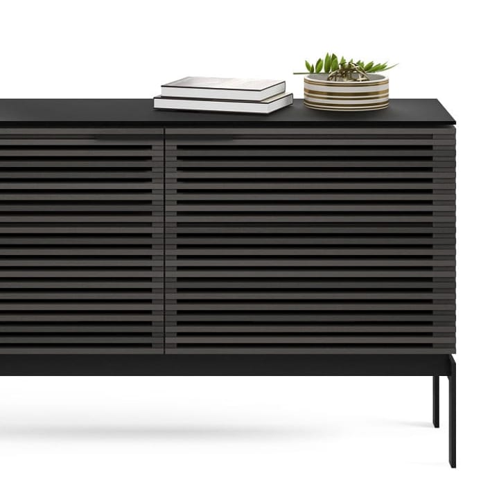The slim Corridor SV 7128 cabinet features Architecturally inspired louvered doors keep contents concealed and ventilated, and are remote control friendly, even when closed.