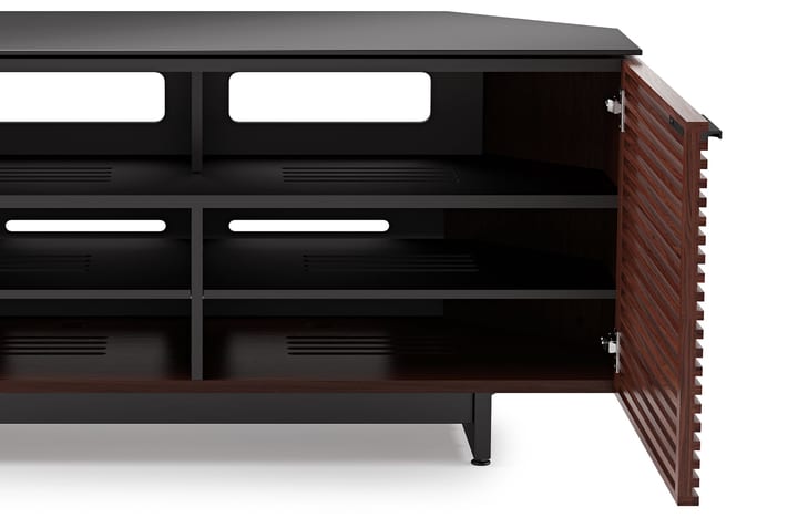 The Corridor 8175 corner TV stand by BDI with louvered wood doors and ventilated back panel and adjustable shelves.