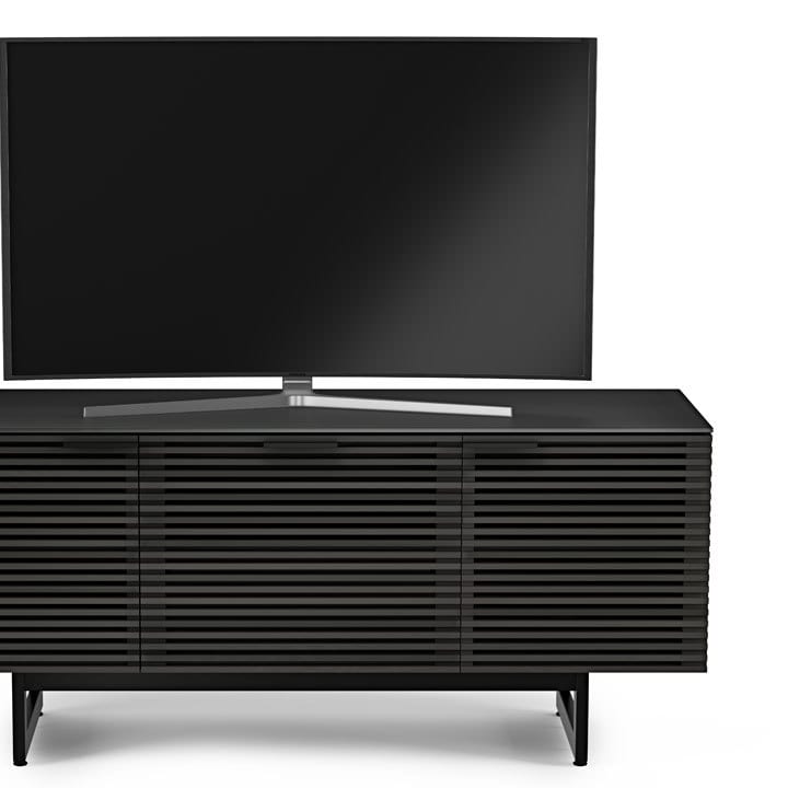 The Corridor 8177 media console in Charcoal finish features remote control and speaker friendly louvered wood doors.